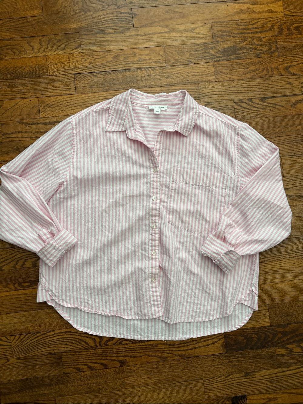 Beachlunchlounge Pink White Striped Cotton Button Up Long Sleeve Women's Shirt L